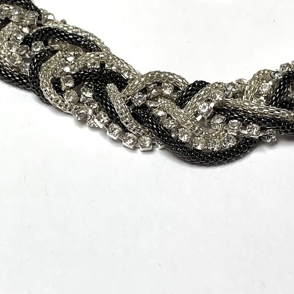 Dana Buchman Black Braided Rhinestone Necklace 14" Silver Tone Mesh 9 Strands - Picture 4 of 9